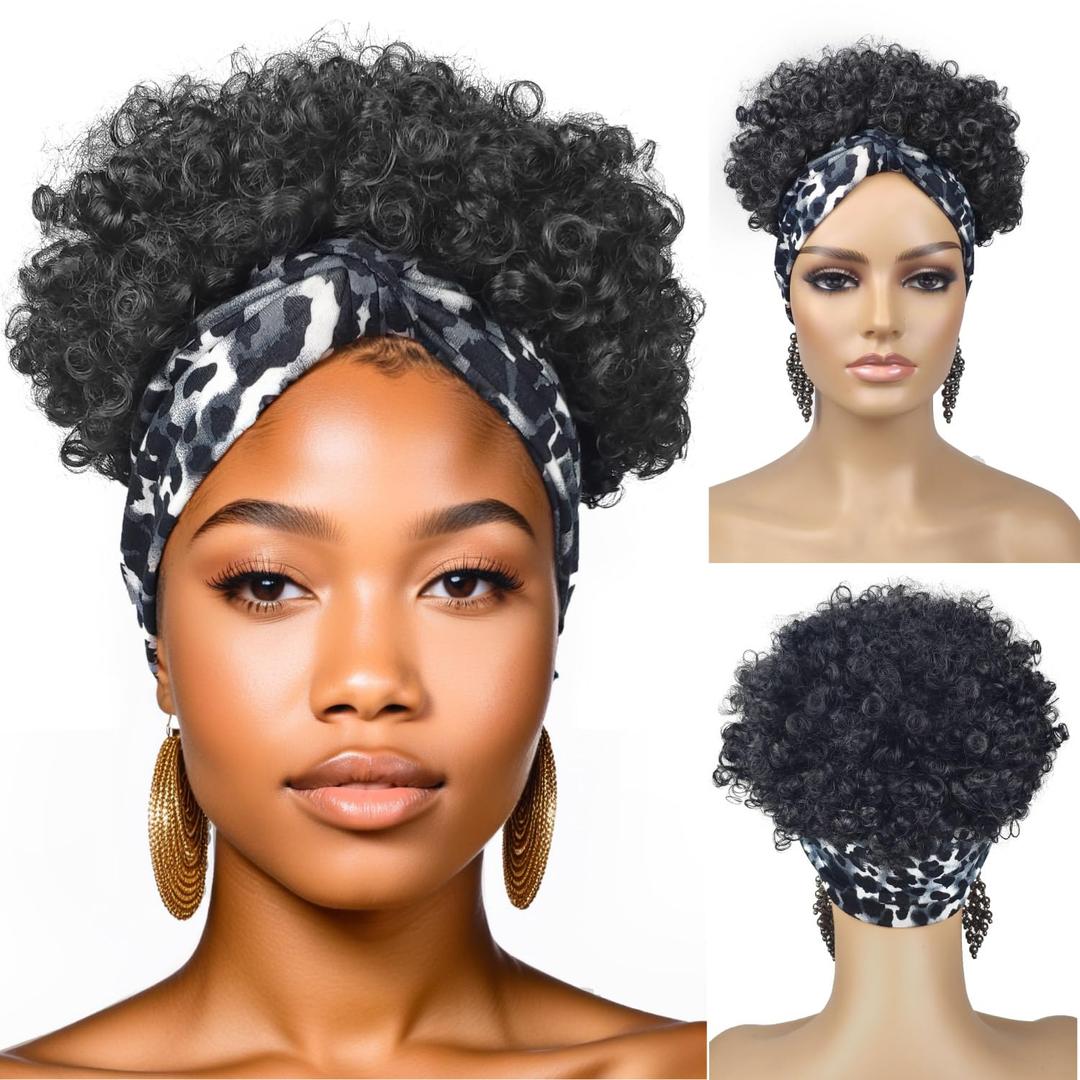 Afro Puff Wig for Black Women - Natural Black Kinky Curly Headband Wig (6 Inch)