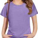 ZDC Girls Short Sleeve Shirts Kids Crewneck T-Shirts 5-14 Years (Purple)