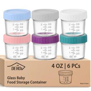 DEHOV 6-Piece Glass Baby Food Containers with Lids,4 OZ Small Glass Freezer Safe Baby Food Storage Jars,Leak Proof Baby Food Grade Puree Containers