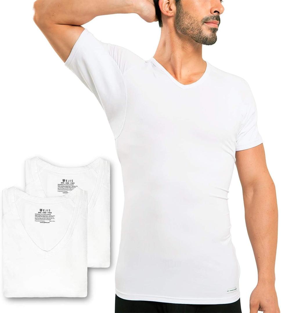 Ejis 3 pk Sweat Defense Undershirt | V Neck | Underarm Sweat Proof Micro Modal (Medium, White)