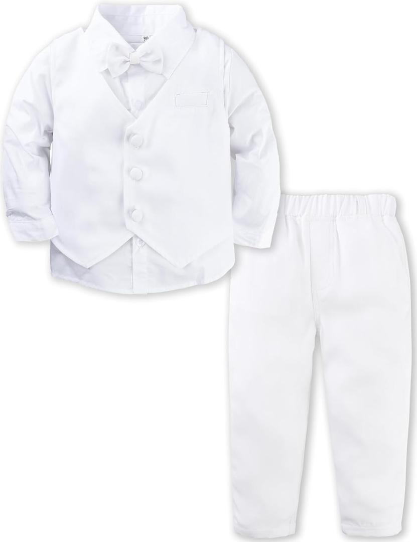 A&J DESIGN Baby Toddler Boys Gentleman Suit Set, 3pcs Outfits Shirts & Vest & Pants (18-24 Months, White Tuxedo)