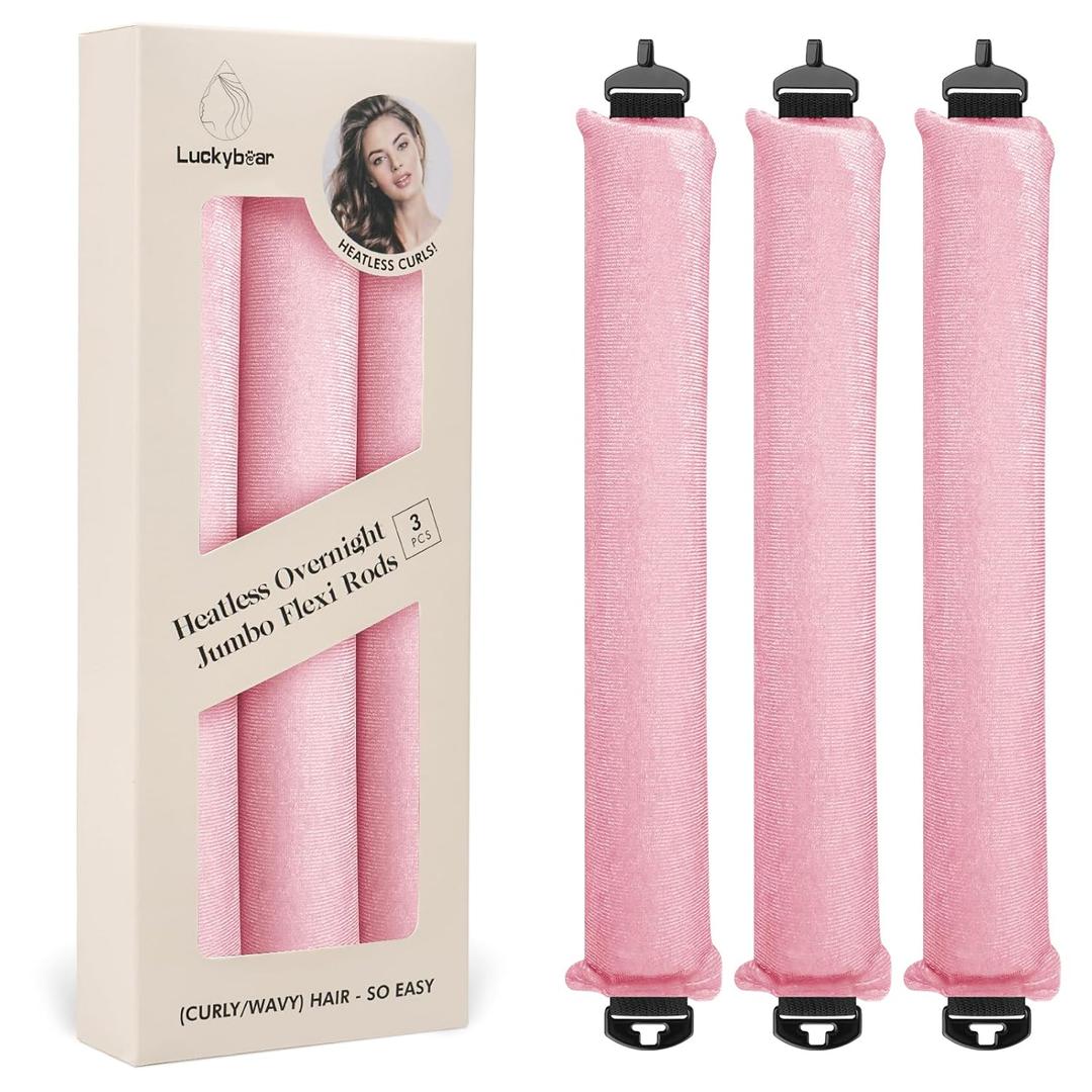 Luckybear Jumbo Heatless Hair Curler, 3pcs Pink Satin Flexi Rods - Heatless Curls, Soft Velvet Overnight Sleeping Curls Styling Tools for All Hair Types