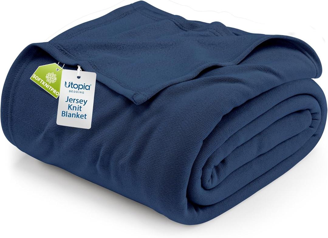 Utopia Bedding Knit Blanket Queen Size (90x90 Inches, Navy) Soft Lightweight Jersey Breathable Sweatshirt Blanket for Bed,Couch & Sofa