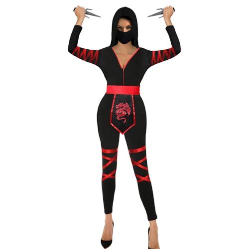 Women Ninja Costume with Hooded Romper and Ninja Mask 3Pc Adult Deluxe Halloween Dress Up Party Cosplay Accessories Set S