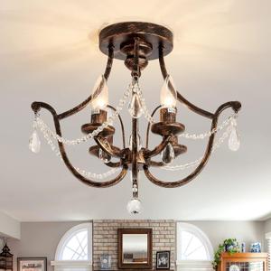 UOFUS Vintage Semi Flush Mount Crystal Chandelier Oil Rubbed Bronze 4-Light Small Metal Ceiling Light Fixture Farmhouse Ceiling Lamp for Foyer Kitchen Entryway Hallway Bathroom Bedroom Dining Room