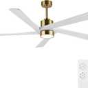WINGBO 72 Inch DC Ceiling Fan with Lights and 3 Downrods, 5 Reversible Carved Wood Blades, 6-Speed Noiseless DC Motor, Large Ceiling Fan in Brass Finish with White Blades, ETL Listed