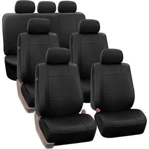 FH Group Car Seat Covers PU Leather 3 Row Car Seat Covers w. 7 Seater, Airbag Compatible and Split Bench - Fit Most Car, Truck, SUV, or Van Solid Black