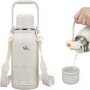 Insulated Water Bottle with Handle and Strap, Vacuum Travel Tumbler with Cup Lid, Thermo Coffee Cup for Hot Cold Drinks 40 OZ, Beige