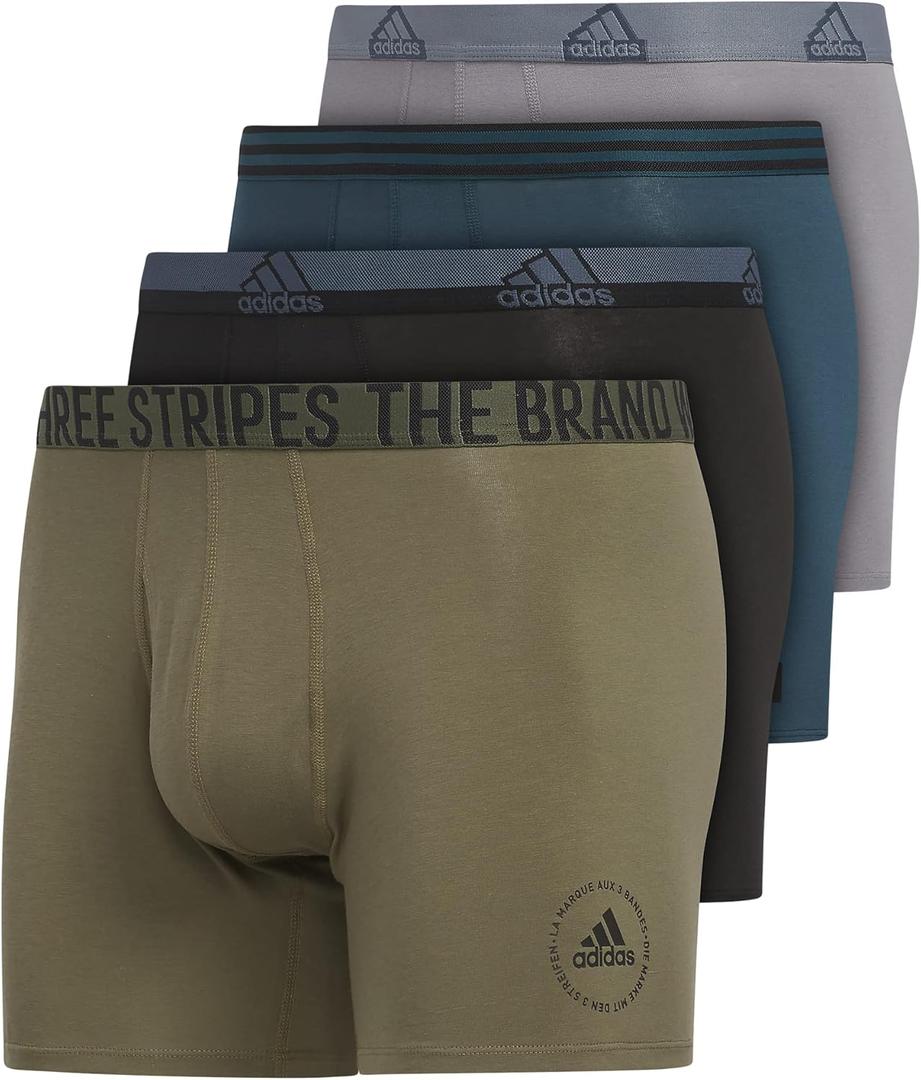 adidas mens Men's Stretch Cotton 4-pack Boxer Brief (Small, Black/Olive Strata Green/Arctic Night Blue)