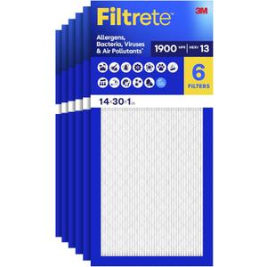 Filtrete 14x30x1 Air Filter, MERV 13 MPR 1900, Allergens, Bacteria, Viruses & Air Pollutants, 3-Month AC/Furnace Filters, Cleaner Air Reliable Airflow, 6 HVAC Filters(Act Size 13.81x29.81x0.78 in)