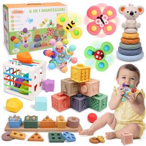 6-in-1 Montessori Baby Toys 0-6 6-12 Months, Infant Teething Toys Soft Stacking Blocks Rings Shape Sorter Sensory Fidget Spinners for Toddler 1-3, Christmas Stocking Stuffers for Girls Boys
