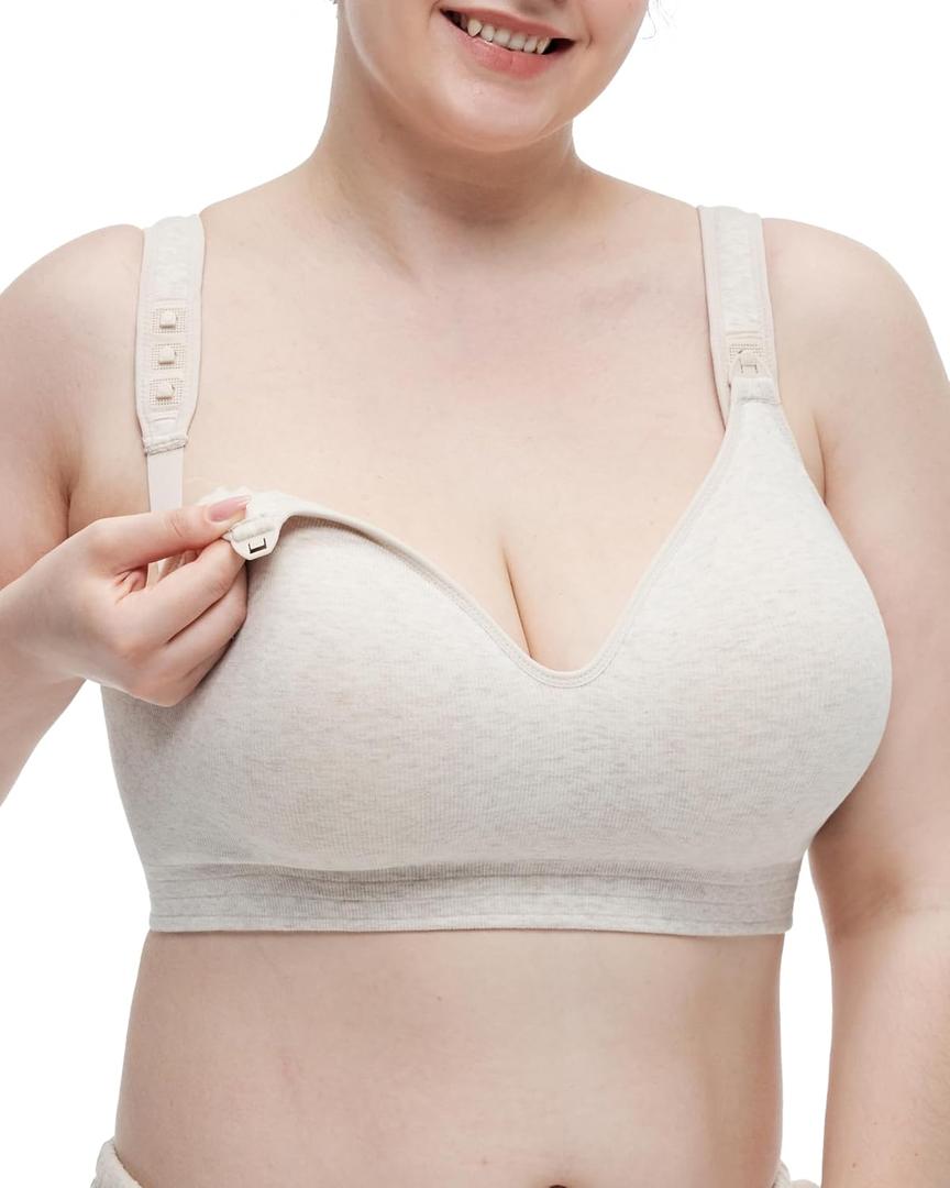 Momcozy Busty Nursing Bras, U.S.Cotton Wirefree Fixed Padded Maternity Bra, Full Coverage Adjustable Fit (Beige, XL)