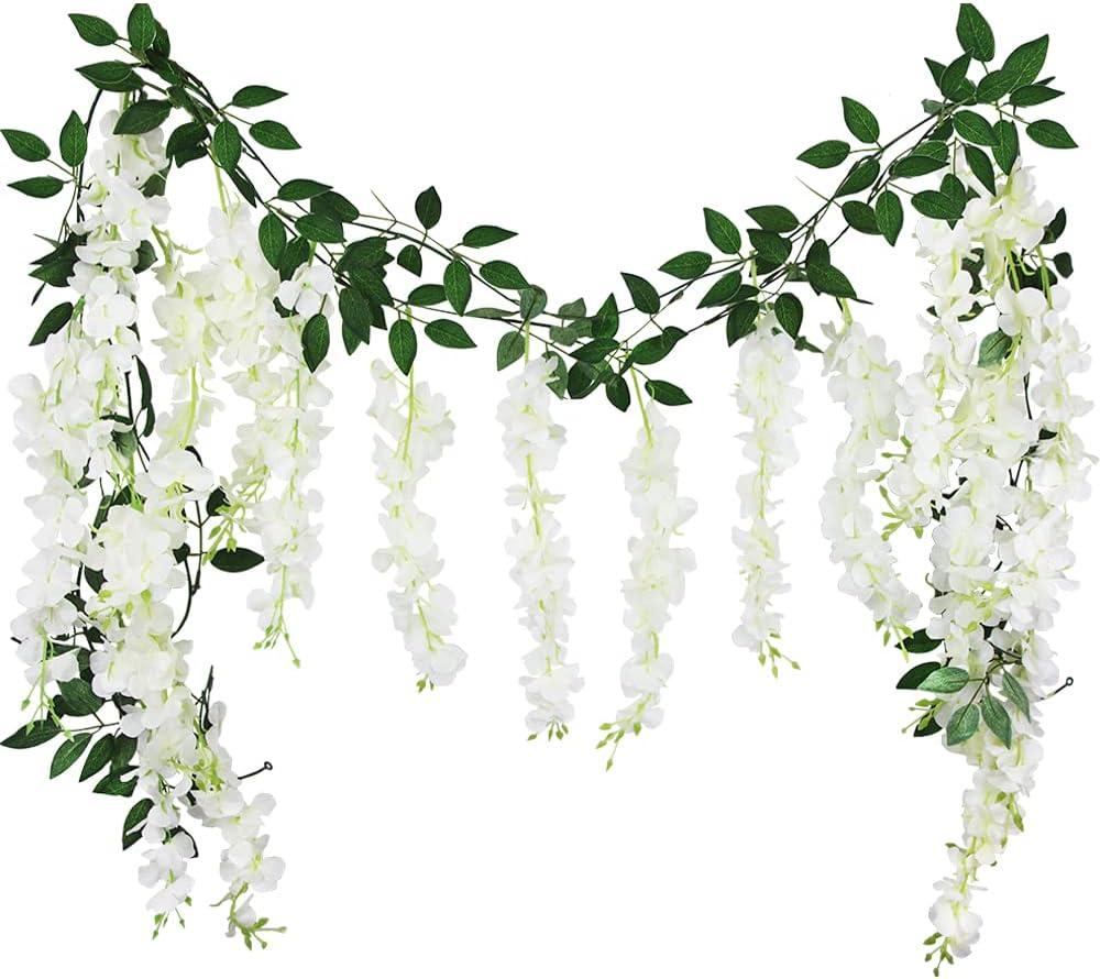 CISDUEO 2 Pcs Wisteria Hanging Flowers Wisteria Flowers Vine Garland Wedding Arch Decoration White Artificial Wisteria Vines Hanging Flower Vines Silk for Party Garden Home Table Backdrop 6 Feet