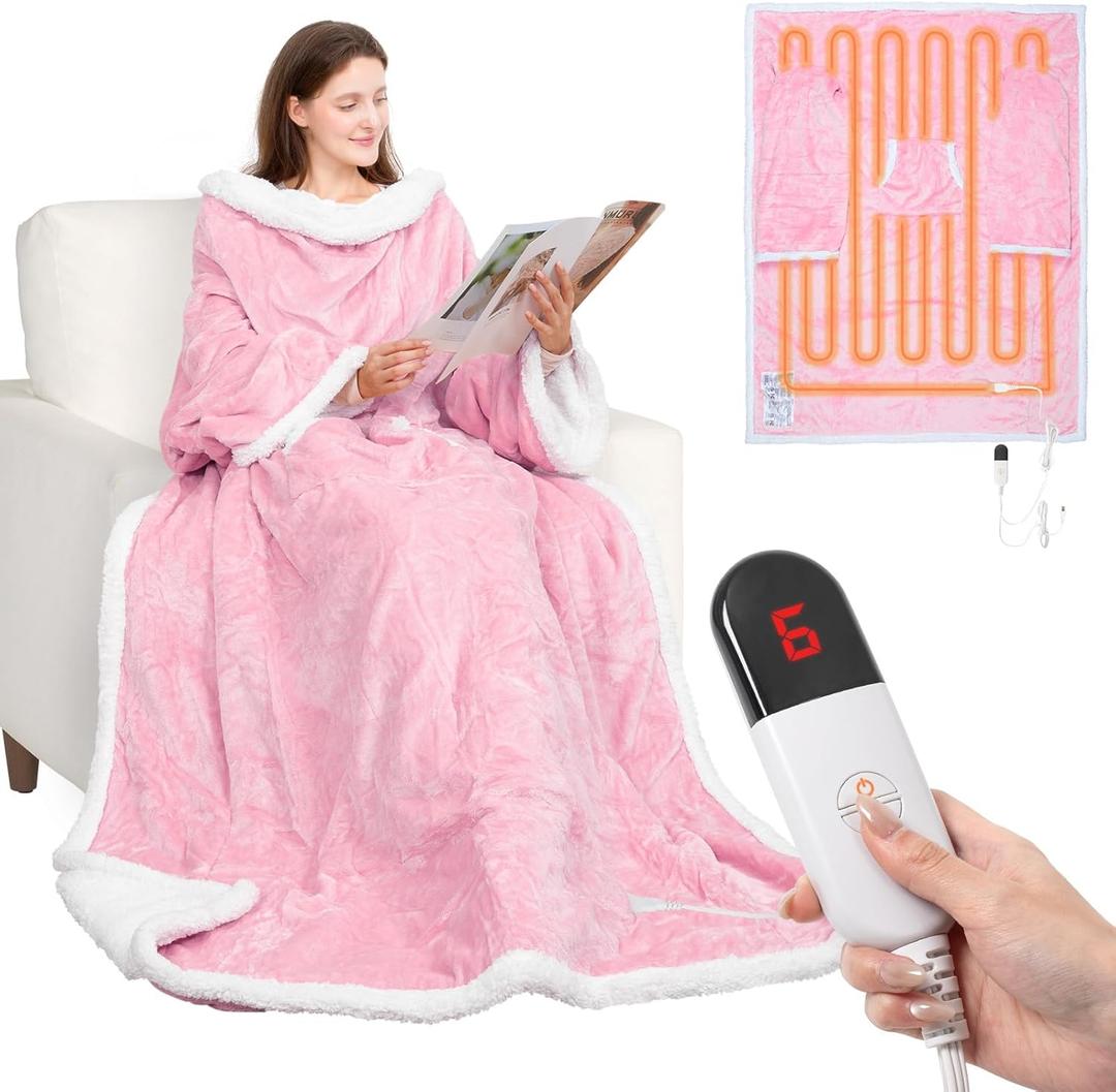 HOW'S MY HOUSE Wearable Heated Blanket with Foot Pocket, Electric Blanket with Sleeves, Flannel & Sherpa Heating Throw with 7 Heat Settings & 4 Hours Time Settings, 52" x 72", Pink