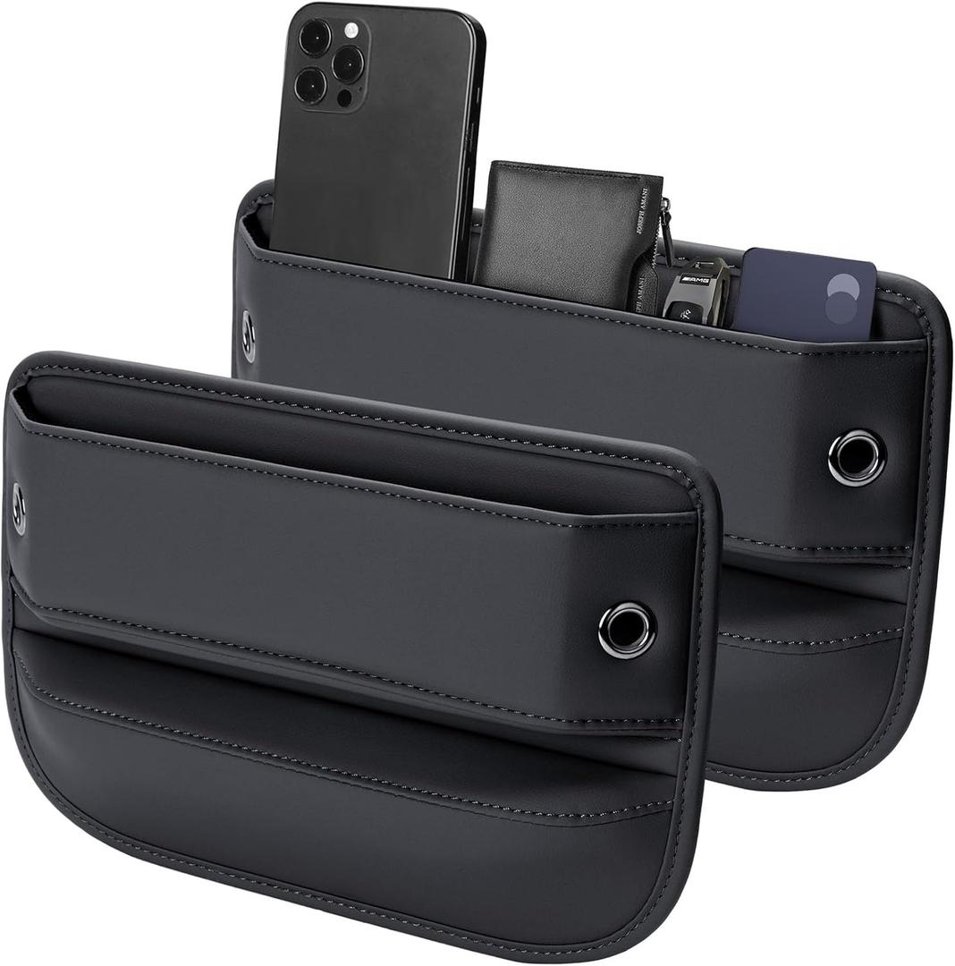 Premium Leather Car Seat Gap Filler Organizer (0.2-1.2" Gaps), Clever Gifts for Car SUV Truck Owners (Black, 2 Pack)