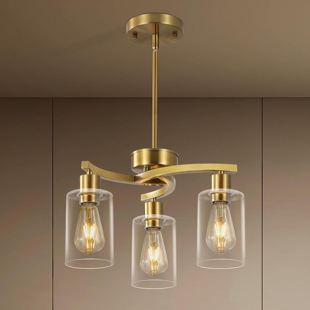 3 Light Brushed Gold Chandelier for Dining Room, Modern Kitchen Island Light Fixtures Over Table, Metal Hanging Pendant Lighting with Clear Glass Shade, Farmhouse Industrial Gold Finish