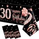 3 Pack Rose Gold Happy Thirty Table Cover - 30th Birthday Party Supplies, Plastic Disposable Rectangular Table Cloth Decor