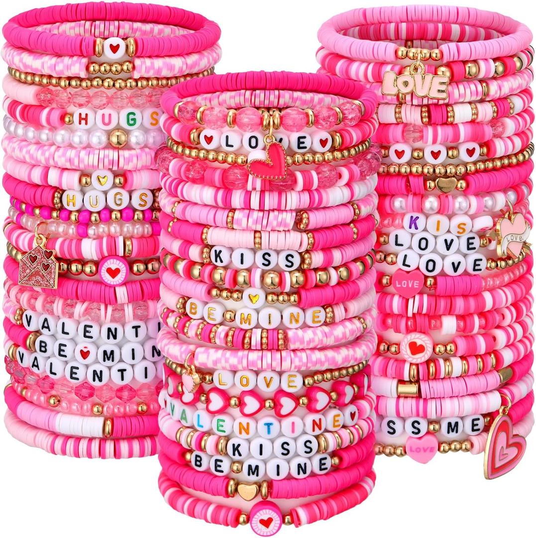 Landical 64 Pieces Valentines Day Beaded Bracelets Bulk Stackable Clay Beaded Love Kiss Heart Pink Valentines Party Supplies Friendship Jewelry for Women Birthday Party Favors Gifts Goody Bag Fillers