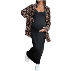 MakeMeChic Women's Maternity 2 Piece Summer Outfit Cheetah Print Button Down Shirt and Tank Maxi Dress Set XL