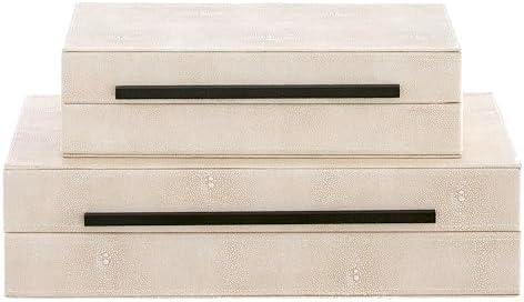 Goodinough Ivory Shagreen Decorative Boxes with Lids Set of 2 - Large Leather Stacking Storage Boxes for Home Decor, Black Metal Handle Remote Control Box, Modern Jewelry Box for Shelves, Coffee Table