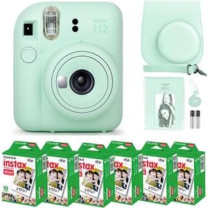 Fujifilm Instax Mini 12 Instant Camera Mint Green and Fuji Film Value Pack (60 Sheets) Bundle with Sturdy Tiger Accessories, Carrying Case, Photo Album 64 Pockets