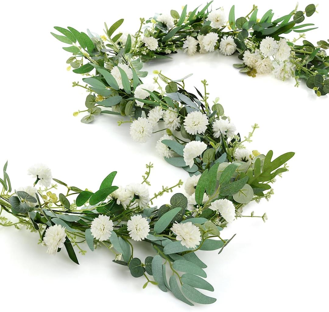 Giegxin 1 Pcs 6 ft Artificial Flower Garland with Chrysanthemum and Eucalyptus 22 Inch White Floral Summer Garland for Wedding Porch Stair Table Centerpieces Baby Shower Birthday Decor