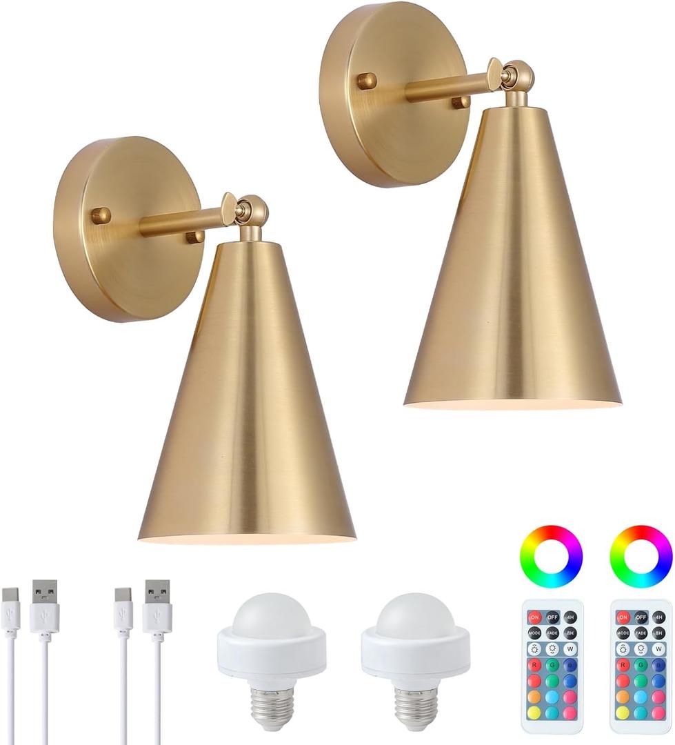 MWZ Gold Battery Operated Wall Sconces Set of Two,Wireless Rechargeable Led Lighting with Remote Control, Modern Dimmable 12 Color Temperatures Adjustable Angle Lamp with Brushed Brass Metal Shade (Short Arm)