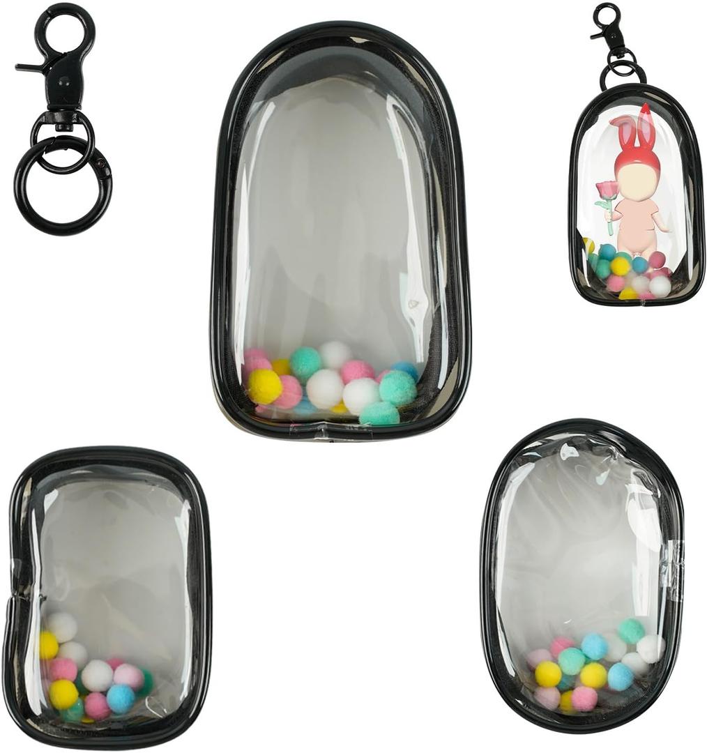 3 Pcs Clear Figure Display Bag with Keychain,Clear Keychain Pouch Blind Box Organizer,Hanging Small Doll Storage Bag,Collectibles Display Case for Mystery Boxes (Black-Rectangular,Oval,Cabin)