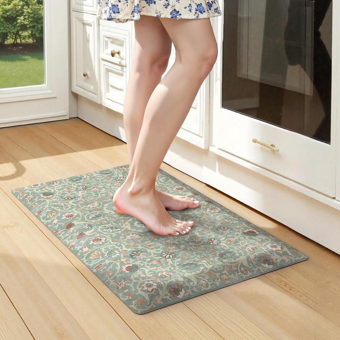 KIMODE Comfort Kitchen Mats for Floor Cushioned Anti Fatigue, Farmhouse Floral Spring Sink Rug Non Slip for Laundry, Memory Foam Padded Standing Desk Carpet for Office, Green 17.3"x32" (Light Green/Beige)
