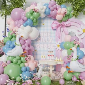 One Silly Goose Balloon Arch Kit 148pcs Pastel Pink Purple Balloons with 23inch Funny Goose Mylar Balloons for Silly Goose Birthday Spring Party Decoration (Pink Purple Kit)