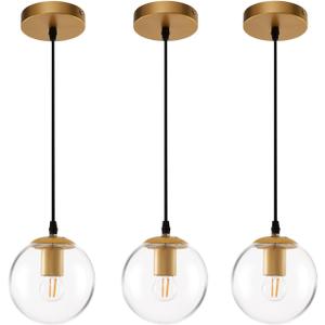 Clear Glass Pendant Lights Kitchen Island 3 Pack, Gold Hanging Light Fixture, 6 Inch Modern Pendant Light Fixtures for Kitchen, Farmhouse, Dining Room