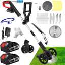 Electric Weed Wacker Eater Battery Powered, Cordless Weed Trimmer with 2 21V/2.0Ah Battery Operated & Charger & Wheels & 5 Types Blades, No-String Brush Cutter/Lawn Edger/Grass Trimmer for Garden Yard