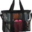 Mesh Beach Bag for Women, Sand-Resistant Pool Tote, 9 Pockets (1 Inner Zip), Foldable Family Travel Essentials, Black
