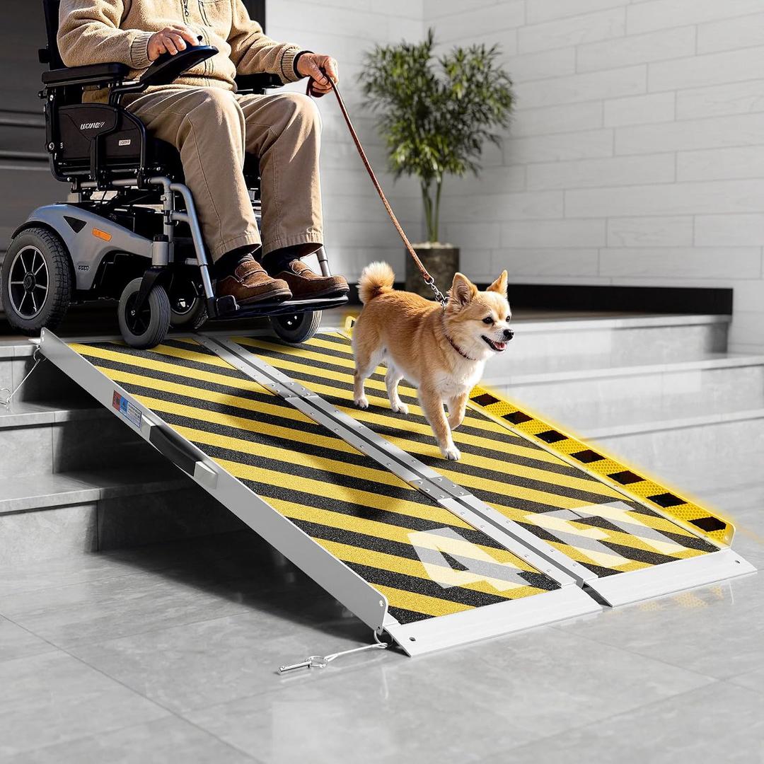 Portable Wheelchair Ramp 4FT, Aluminum Folding Ramps for Wheelchairs for Home Steps with Handle & Non-Skid Surface, 600 lbs Capacity Threshold Ramps for Doorways, Steps, Front Porch, Stairs, Entry