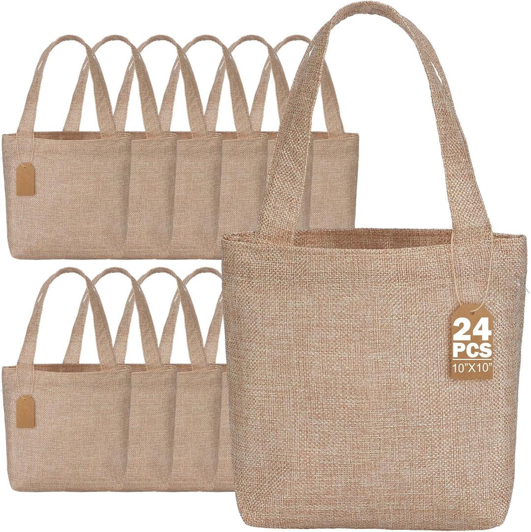 Aliceset 24 Pcs Mini Burlap Tote Bags with Handles Reusable Burlap Gift Bags with Tags Small Wedding Welcome Bridesmaids Jute Bag Bulk for Party Supplies DIY Craft (10 x 10 x 3.5 Inch,Light Brown)