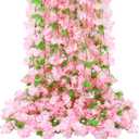 Nuenen 12 Pcs 92.5 FT Artificial Cherry Blossom Flower Vines Bulk Faux Cherry Hanging Garland Pink Flower Vines Silk Pinks Flowers Garland with Green Leaves for Party Decor(Pink)