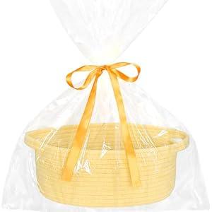 ABenkle Small Basket Empty Gift Basket, Decorative Boho Rope Woven Nursery Storage Organizer Dog Toy Baskets for Baby Showers Christmas Easter with Gift Bags and Ribbons, 12"X 8" X 5"