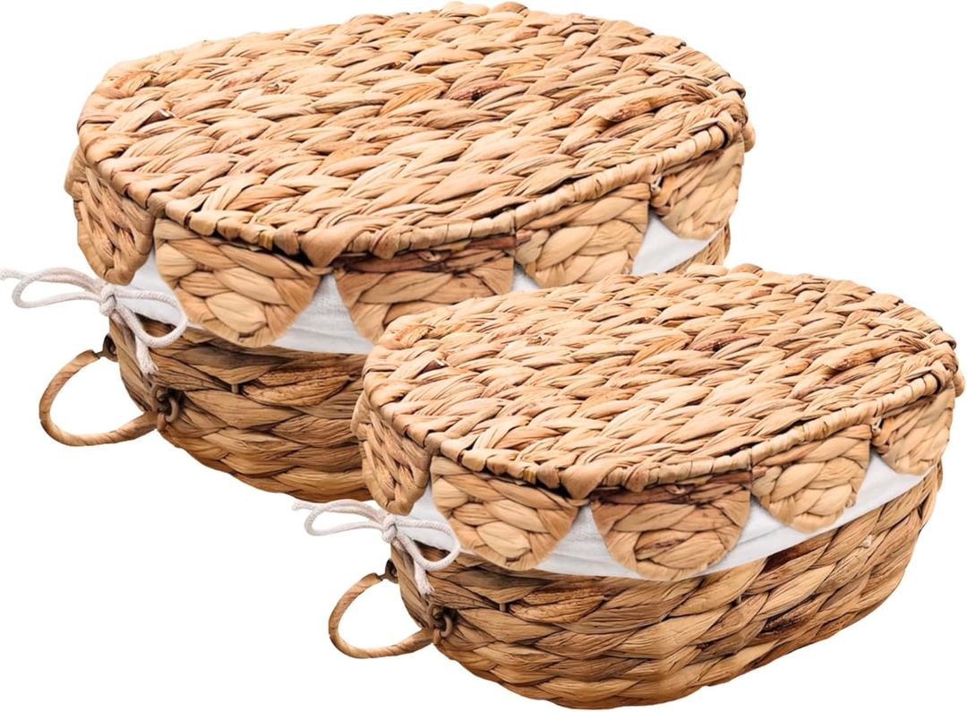Set of 2 Round Wicker Baskets with Scalloped Lids, Handles, Removable Liners - Decorative Handwoven Water Hyacinth Baskets for Organization of Home, Kitchen, Closet, Pantry, Bathroom, Bread Basket