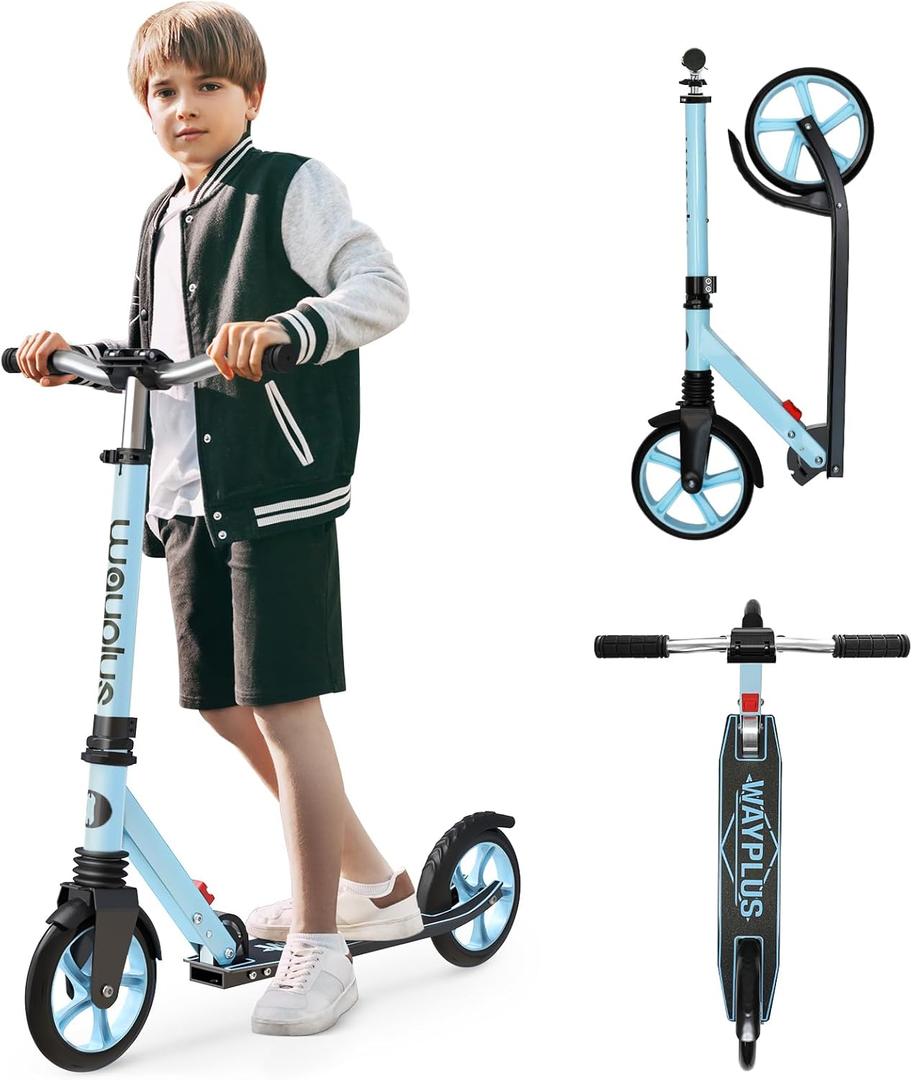 WAYPLUS Kick Scooter for Ages 6+,Kid, Teens & Adults. Max Load 240 LBS. Foldable, Lightweight, 8IN Big Wheels for Kids, Teen and Adults, 4 Adjustable Levels. Bearing ABEC9 (Blue)