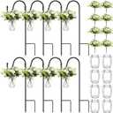 Thiccywoov 8 Sets Wedding Aisle Decoration Include 16 oz Rose Daisy Hanging Mason Jar 32 Shepherds Hooks Rustic Mason Jar with Faux Rose and Daisy for Outdoor Wedding Isle Ceremony Decorations
