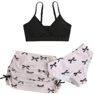 COZYEASE Girls' 3 Piece Set Floral Print Bikini Swimsuit with Drawstring Beach Skirt Cute Ruched Bathing Suit Bow Knot Pink, 11Y