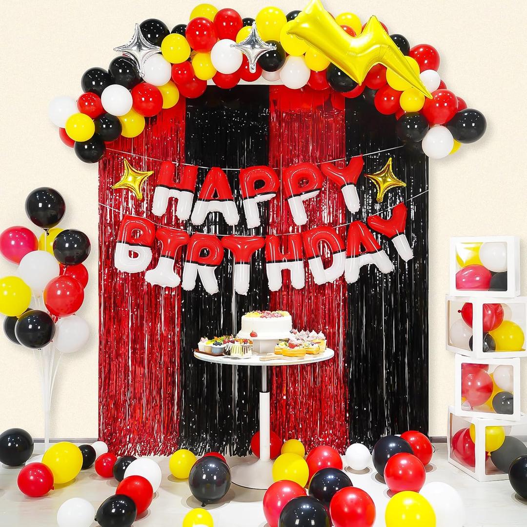 YIIHMEI Cartoon Monster Red Black Yellow White Birthday Party Decorations, Balloons Garland Arch Kit Supplies, Curtains Backdrop with Anime Theme Style Banner Letters Signs for Boy's