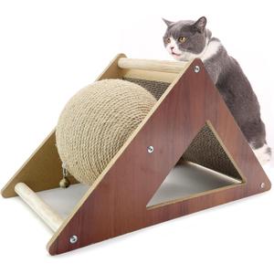 Fhiny Cat Scratcher Toy with Sisal Ball, 2-in-1 Rope Ball with Bell & Cardboard Cats Scratching Interactive Solid Wood Durable Scratch for Indoor Kitties Wear-Resistant Furniture Supplies