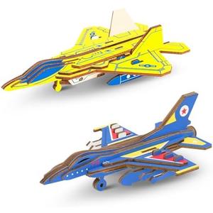 3D Wooden Puzzle Fighter Model Sets - 2 Piece Kits Aircraft Puzzles Crafts Assembly Building Blocks DIY STEM Toys - Wood Aircraft F16 & F22 Brain Teaser Puzzle for Adults Teens Boys Girls