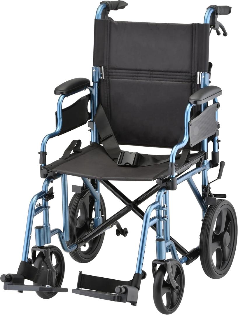 NOVA Transport Chair  Lightweight Folding Aluminum Wheelchair with Flip-Up Arms, Locking Handbrakes, 8 & 12 All-Terrain Wheels  Collapsible Travel Chair for Adults up to 300 lbs - Blue