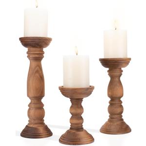 Farmhouse Wooden Candle Holders for Pillar Candles Set of 3, Rustic Wood Candle Holder Table Centerpiece Decor, 12'' 9'' 6'' Vintage Tall Candle Stand Decorative, Brown