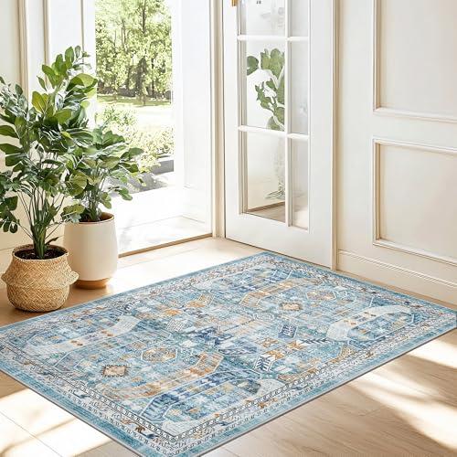 Madane Washable Area Rug 2x3, Small Entryway Rug Non-Slip Vintage Door Mat Indoor Entrance, Low Pile Floor Carpet for Inside Front Door Bedroom Kitchen Entry Laundry (2'x3', Blue/Gold)