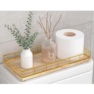 Toilet Paper Basket Organizer Oak Wood Toilet Tank Tray with Metal Frame, Bathroom Counter Top Storage for Toilet Paper, Wipes & Decor, Modern Narrow Back of Tank Shelf Organizer, Gold & Nature Oak