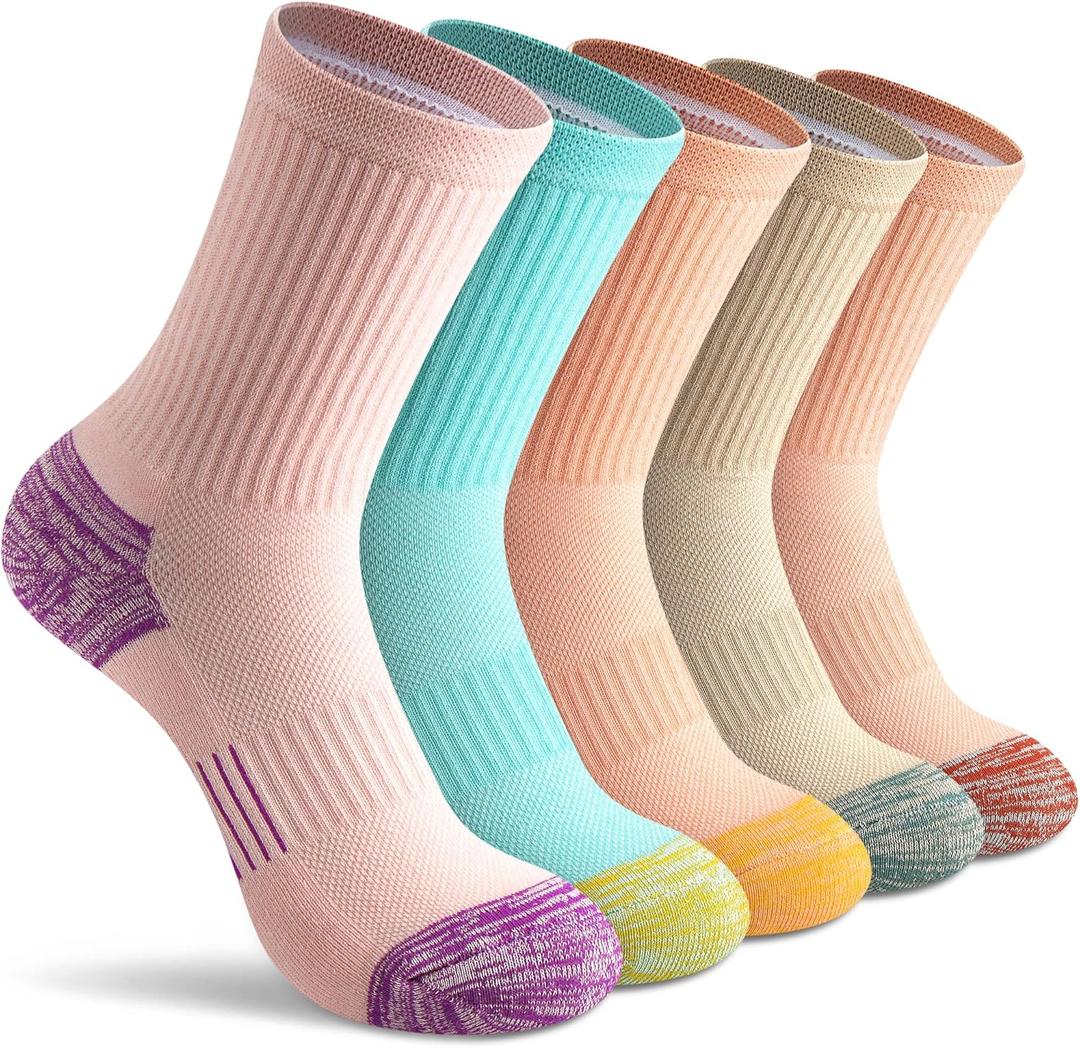 Gonii Crew Socks Women Hiking Running Athletic Cushioned Compression Socks 5-Pairs, 8-10