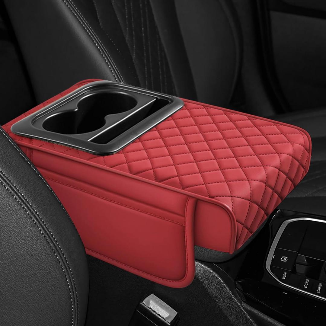 Hovom Car Center Console Cover, 13.39"7.87"2.76" Leather Armrest Cover for Cars, Memory Foam Armrest Pillow with Pocket, Cup Holder & Phone Slot, Universal Vehicle Arm Rest Cushion Pad (Red)